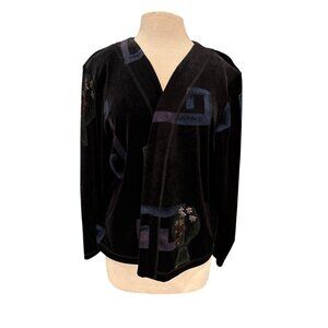 Vintage Copa Cabana Black Velvet Open Cardigan With Abstract Vase Print